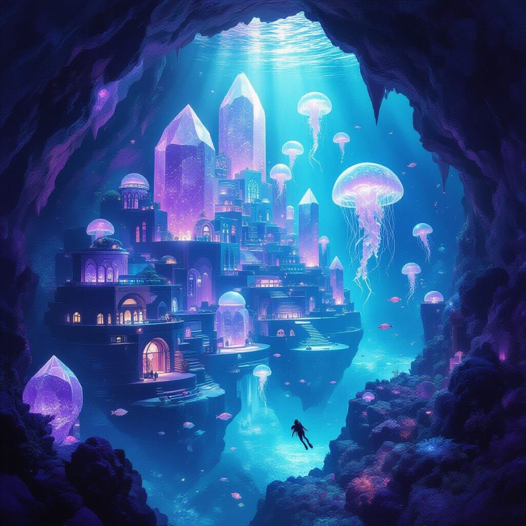 Underwater City Inside Geode With Jellyfish Lights