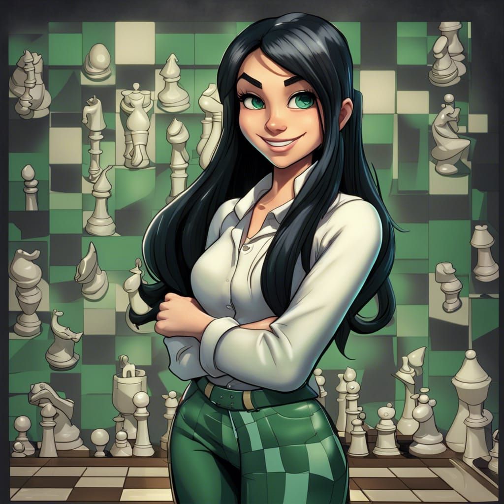 Manga Girl with Chessboard Shirt, 3D Digital Art