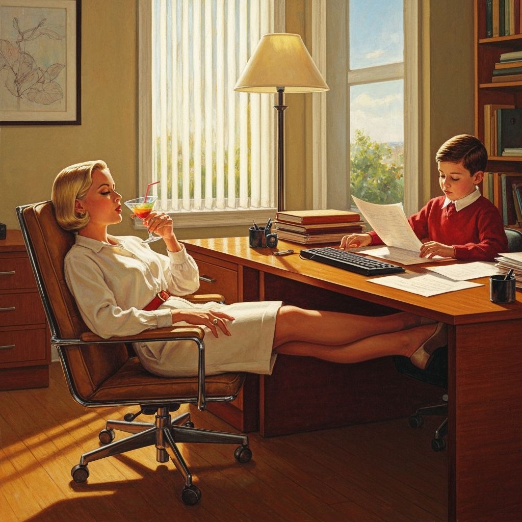 Mid-Century Office Scene: Mom Sips Cocktail While Son Works