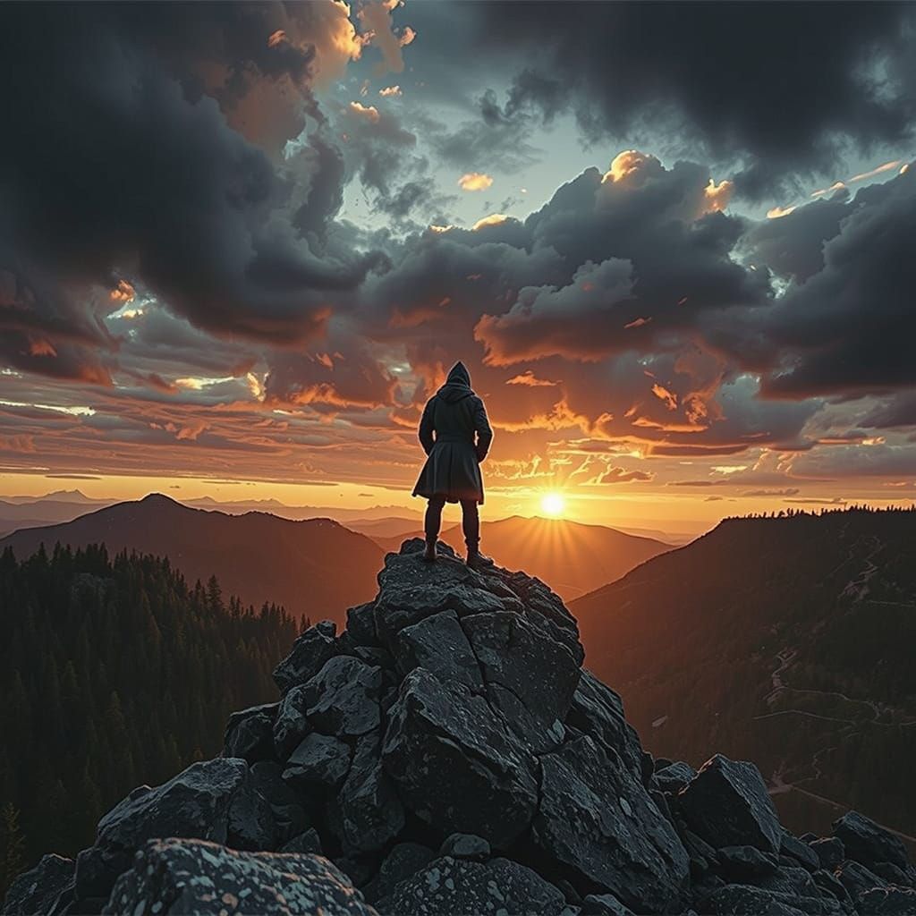 Whimsical Figure on Rocky Outcropping in Triadic Colors