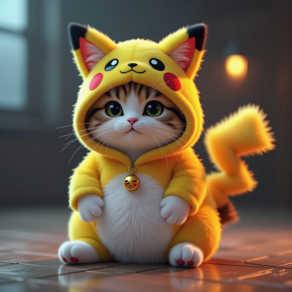 Fluffy Cat in Hyperrealistic Pikachu Costume