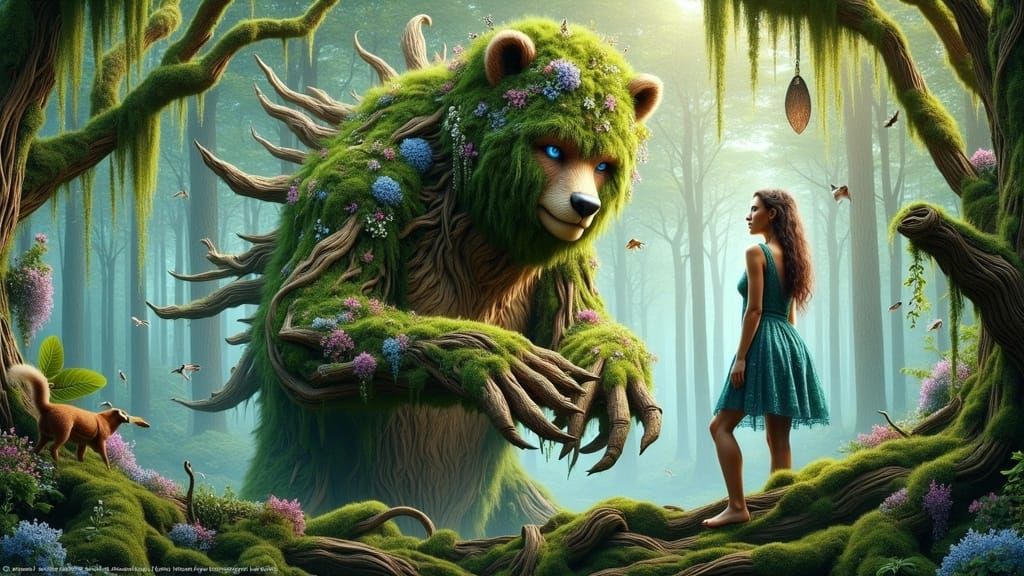Tree-like Bear in Enchanted Forest, Mystical Art