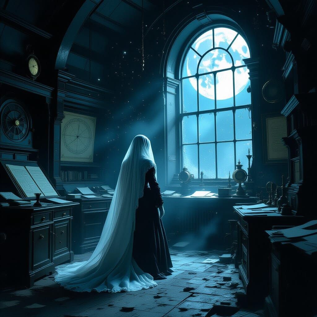 A lone ghost in a dimly lit, cluttered observatory, surround...