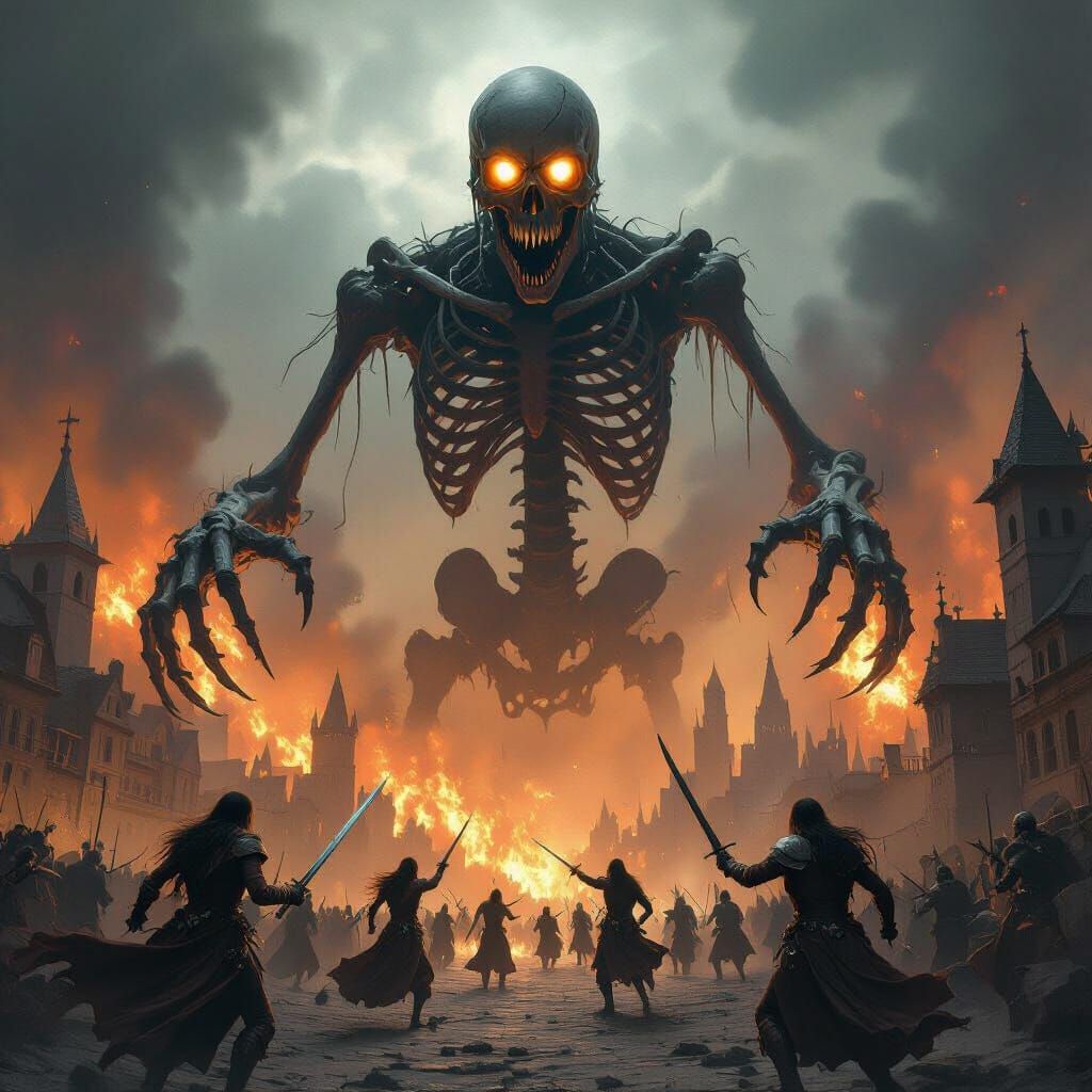 Colossal Skeleton Spirit Ghost Over Burning City