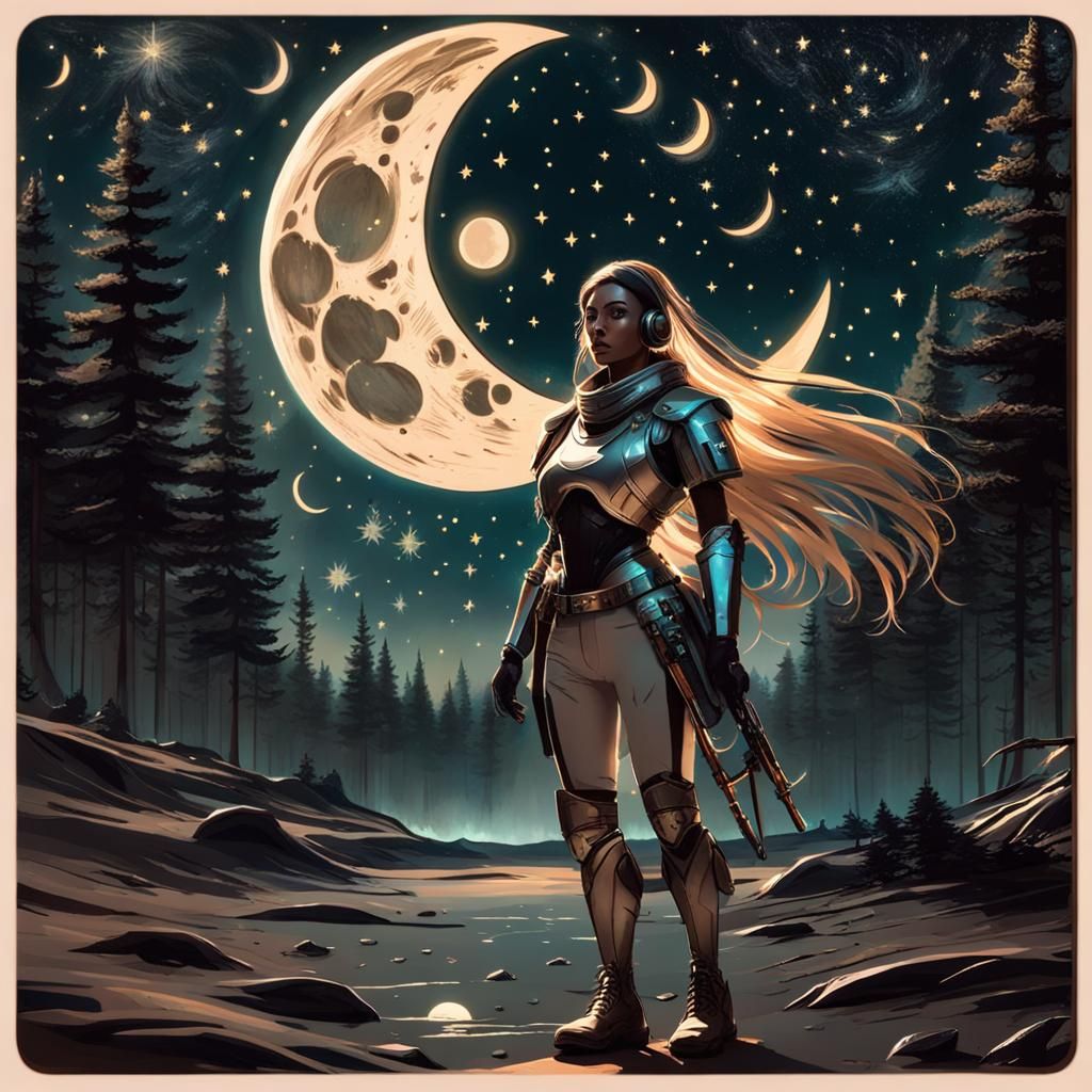 Extraterrestrial Starry Night: Soldier Girl in Alien Forest