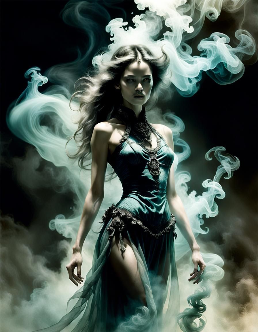 Ethereal Smoke Woman Arising from Perfume Bottle