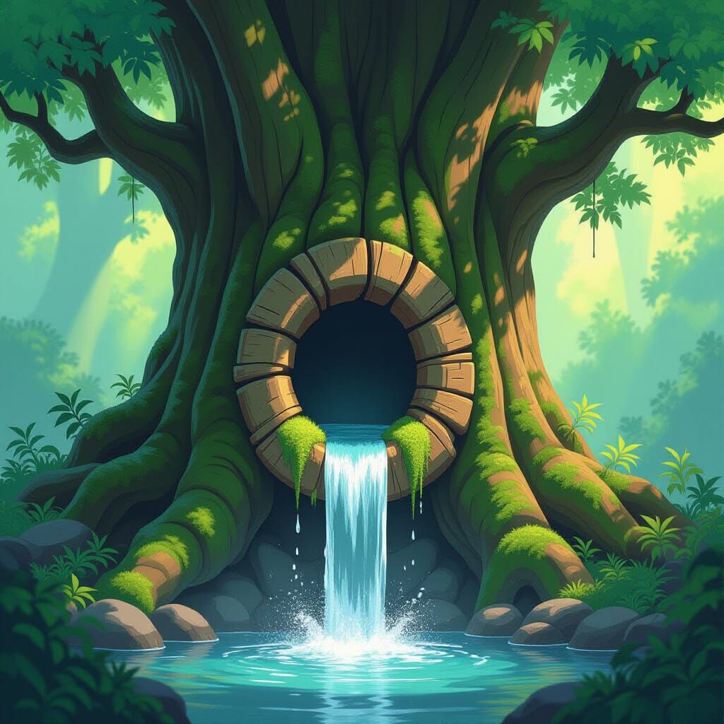 Whimsical Waterfall Tree in Animated Style