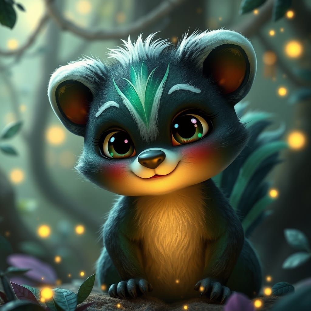 Whimsical Fantasy Skunk with Iridescent Fur and Expressive E...