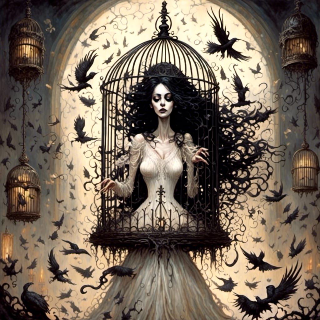 Woman Trapped in Birdcage: Gothic Horror Art