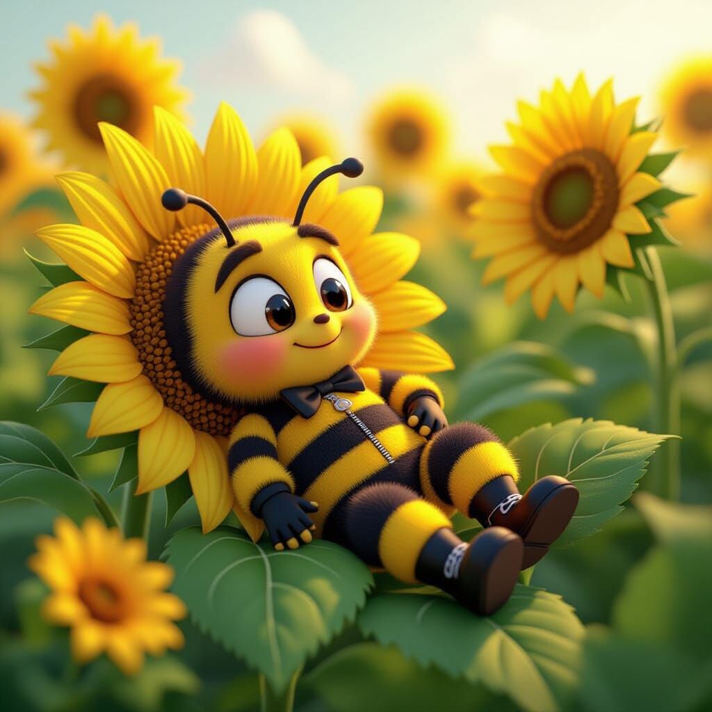 Sleepy Bumblebee Lounging in Sunflower Field, Cartoon Style