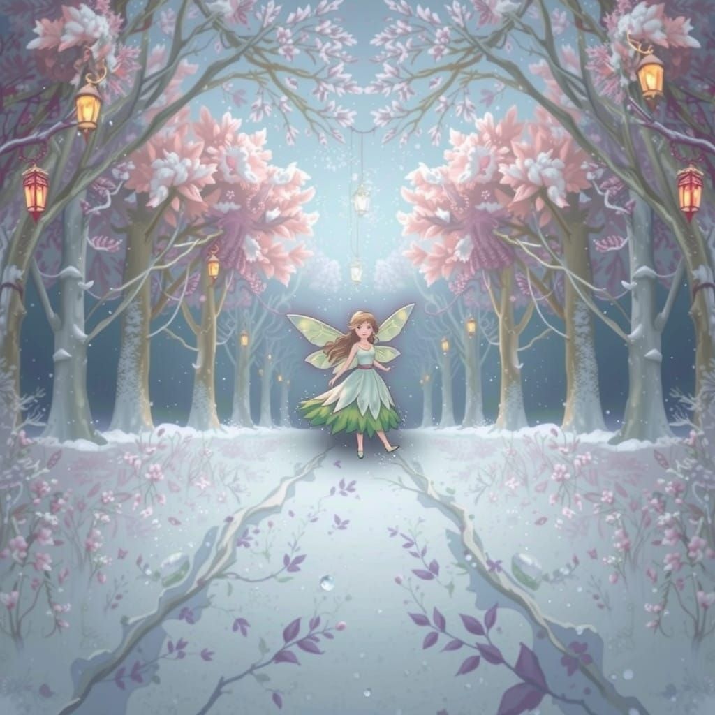 Winter Fairy in Vibrant Snowy Landscape with Frost-Kissed Tr...