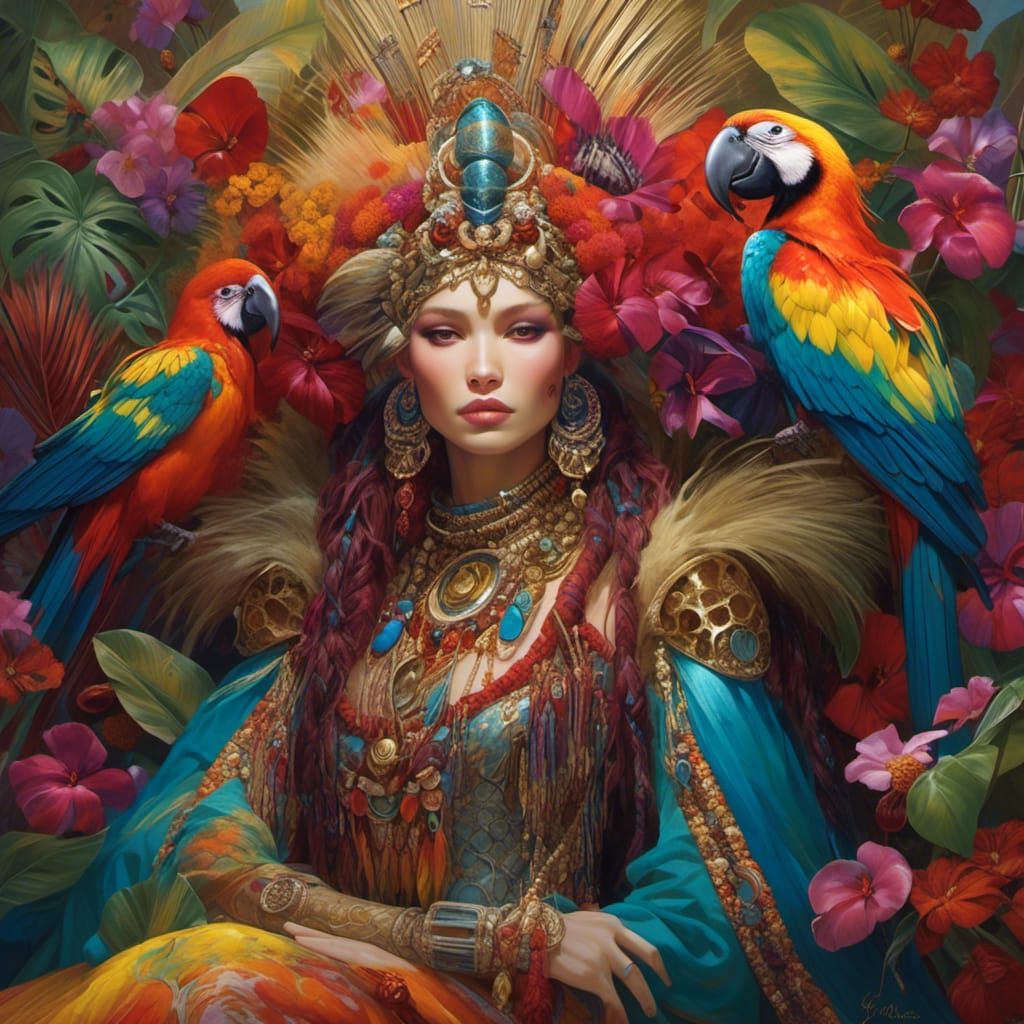 Beautiful Gypsy Queen with Tropical Birds