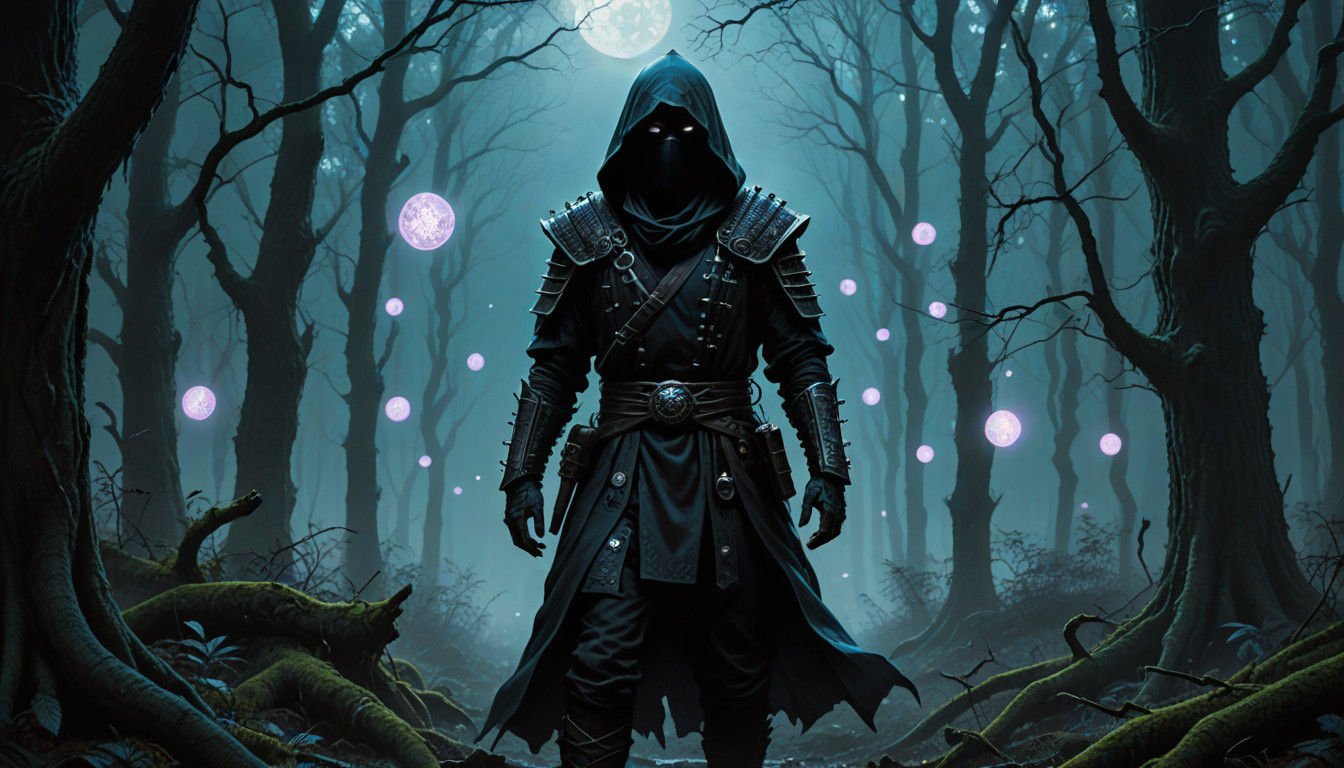 Dark Fantasy Ninja Master Illuminated by Ethereal Orbs