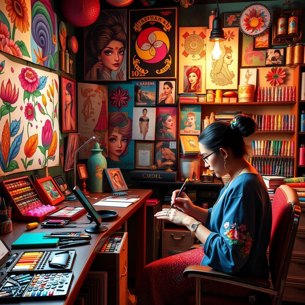 Vibrant Nail Artist Workspace in Fantasy Concept Art Style