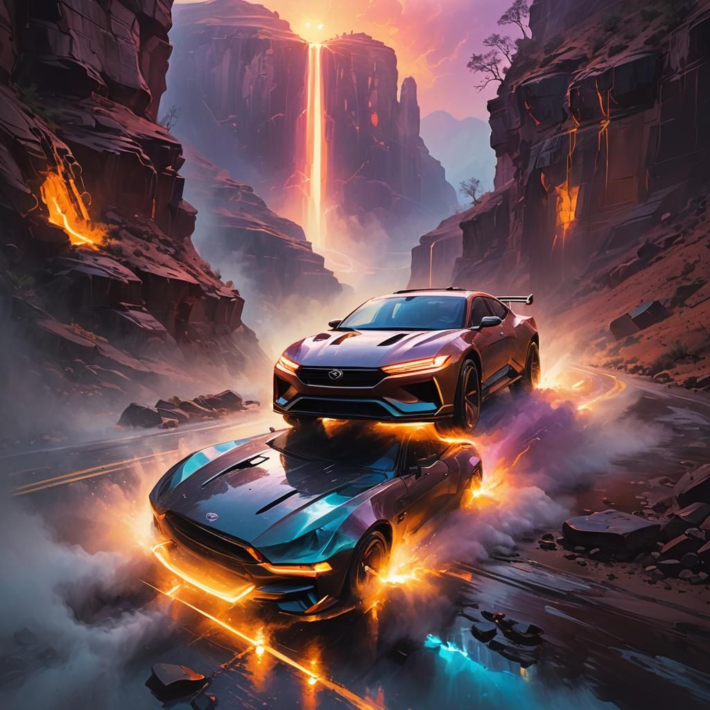 Futuristic Car Speeding Through Neon Canyon