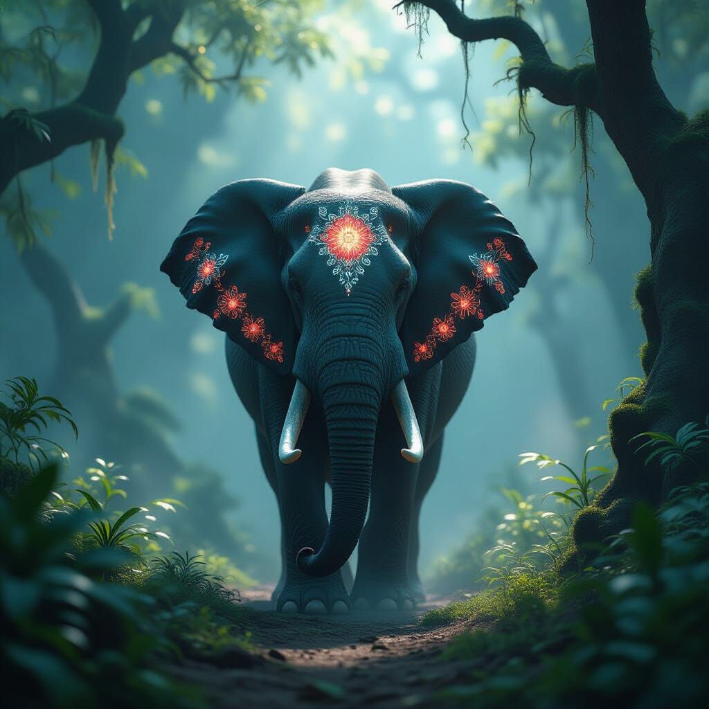 Majestic Elephant With Glowing Floral Patterns in Misty Fore...