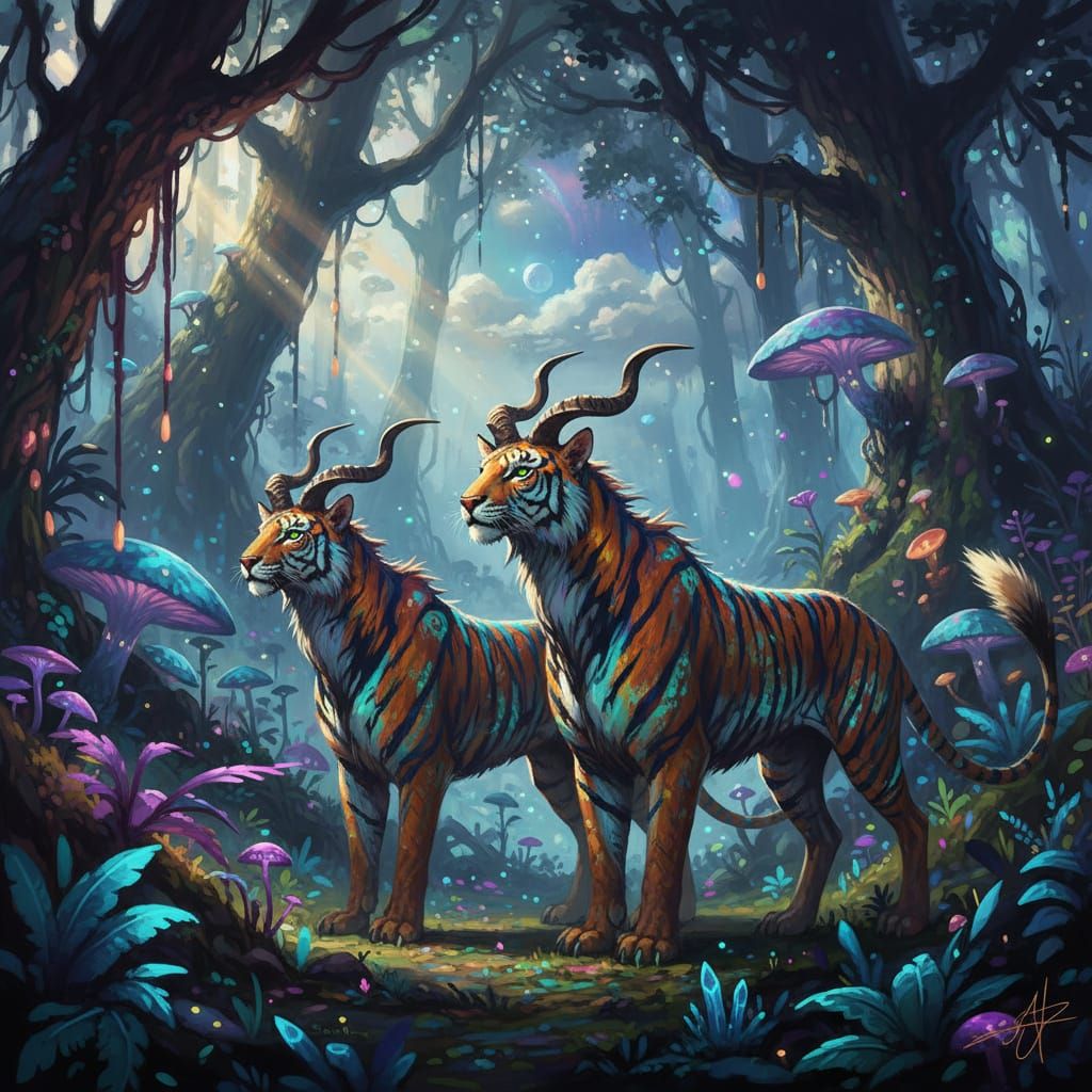 Tiger-Kudu Hybrids Guarding Lush Pandora Forest Clearing