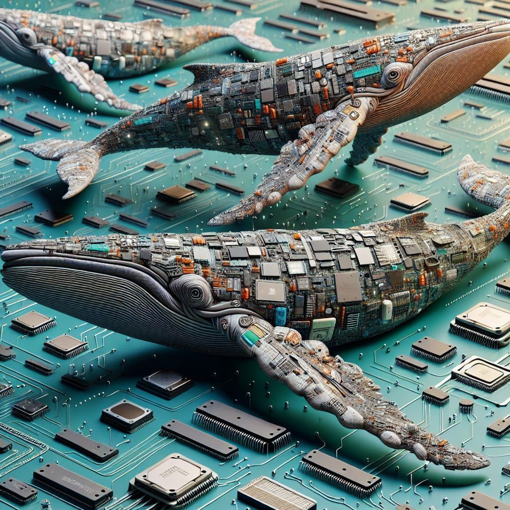 Whales Made of Computer Parts in Digital Ocean