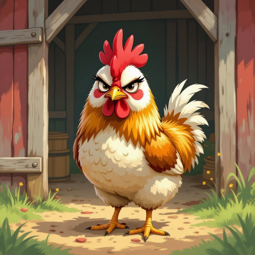 Grumpy Chicken in Whimsical Rustic Style
