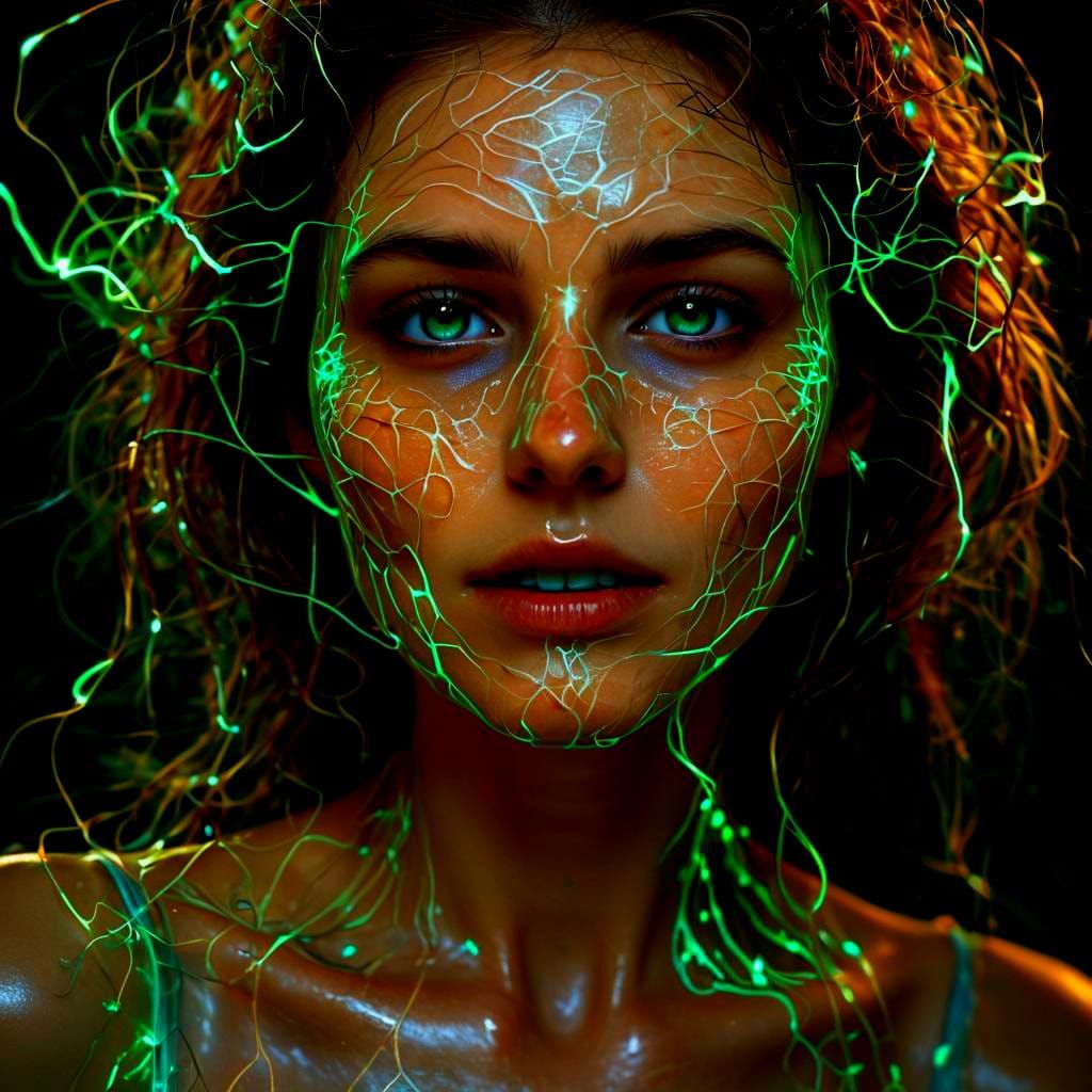 Surreal Glowing Woman's Face with Electric Sparks
