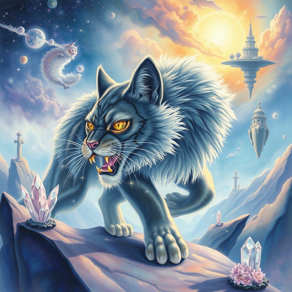 Ethereal Saber-Toothed Cat in Surreal Watercolor Landscape