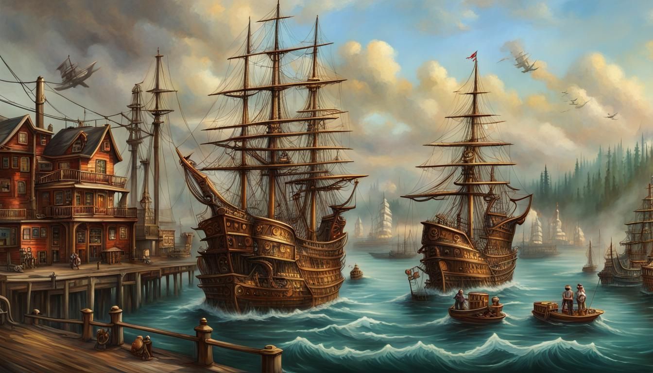 Steampunk Pirate Ships in Harbor Oil Painting