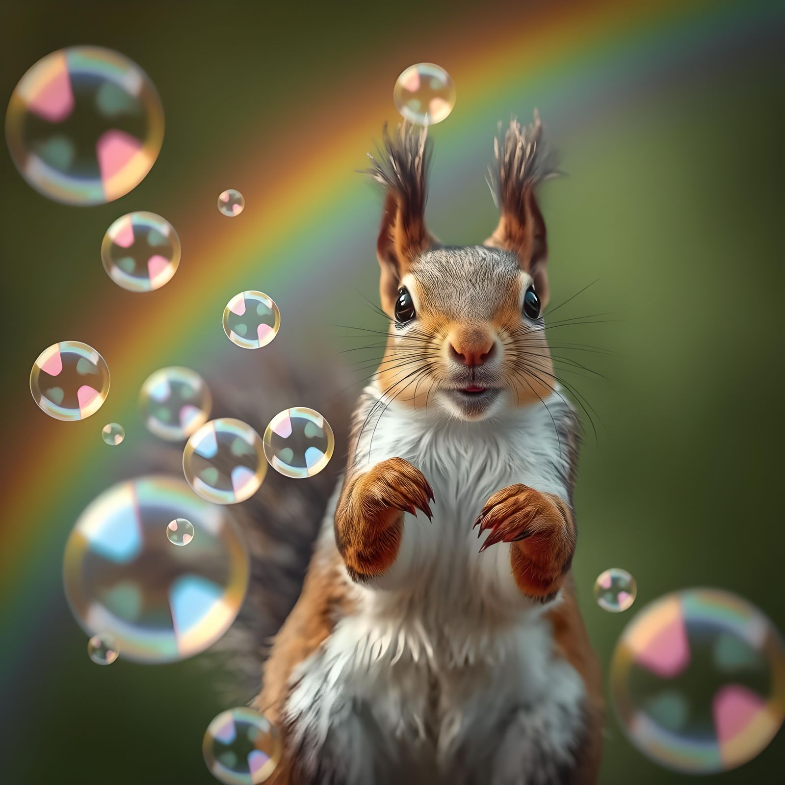 Happy Squirrel Playing with Rainbow Bubbles
