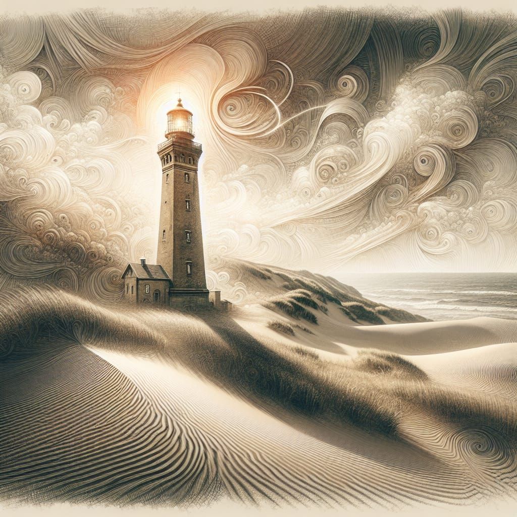 Lighthouse on Shifting Dune with Watercolor Textures
