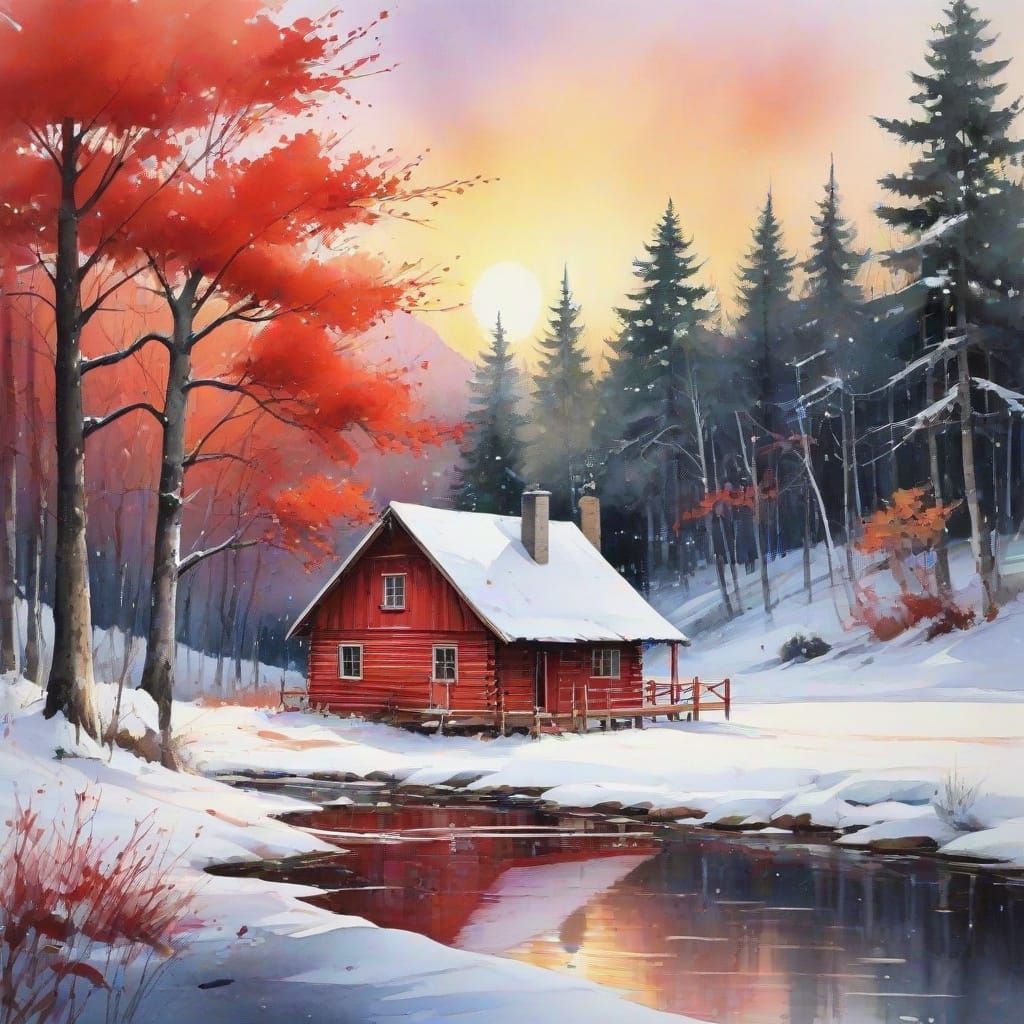 Vibrant Winterscape with Expressive Watercolor Effect