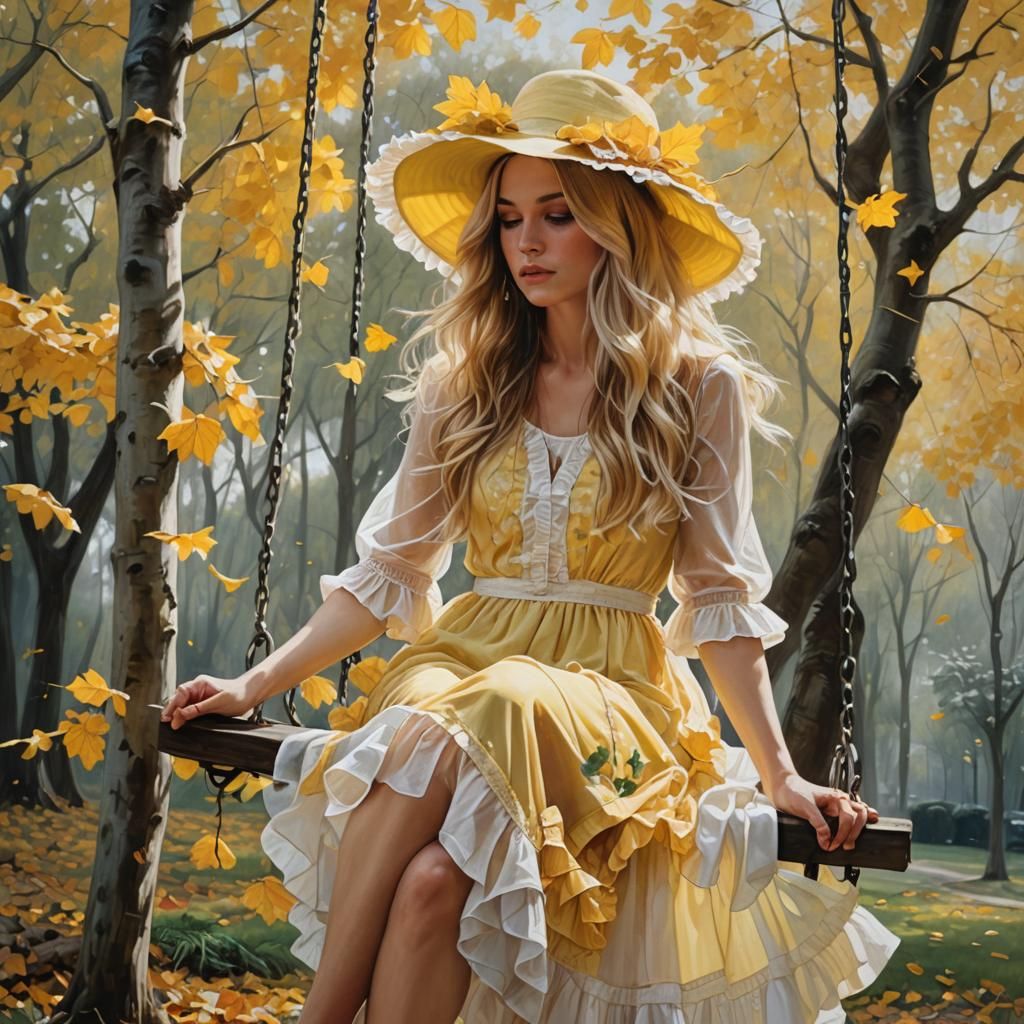 Girl on Swing in Yellow Dress: Hyperrealistic Oil Painting