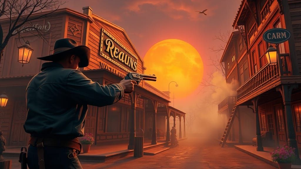 Mystical Gunslinger in Twilight Duel, Fantasy Art