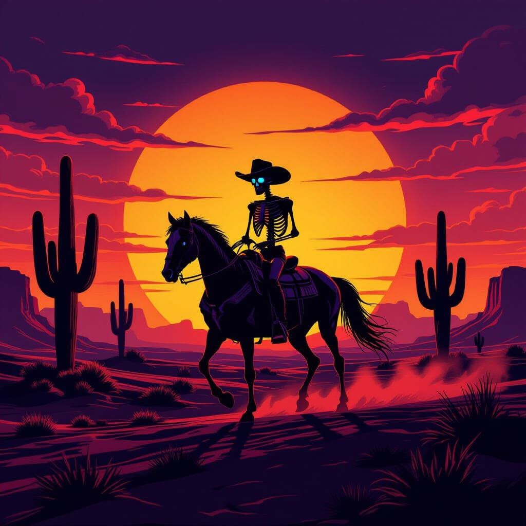 Cowboy Skeleton Rides Spectral Steed in Alien Desert Sunset