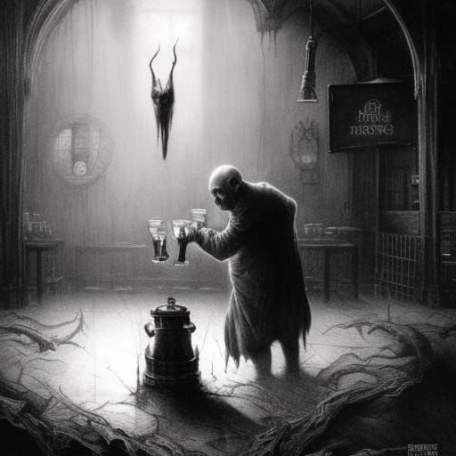 Sinister Pub Scene in Pen and Ink Style