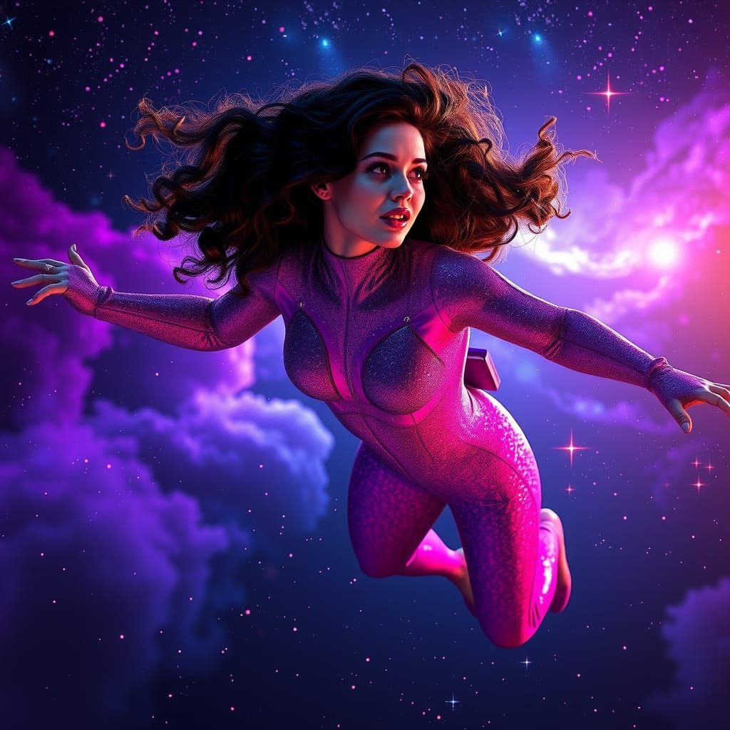 Woman in Violet Catsuit Soaring Through Space