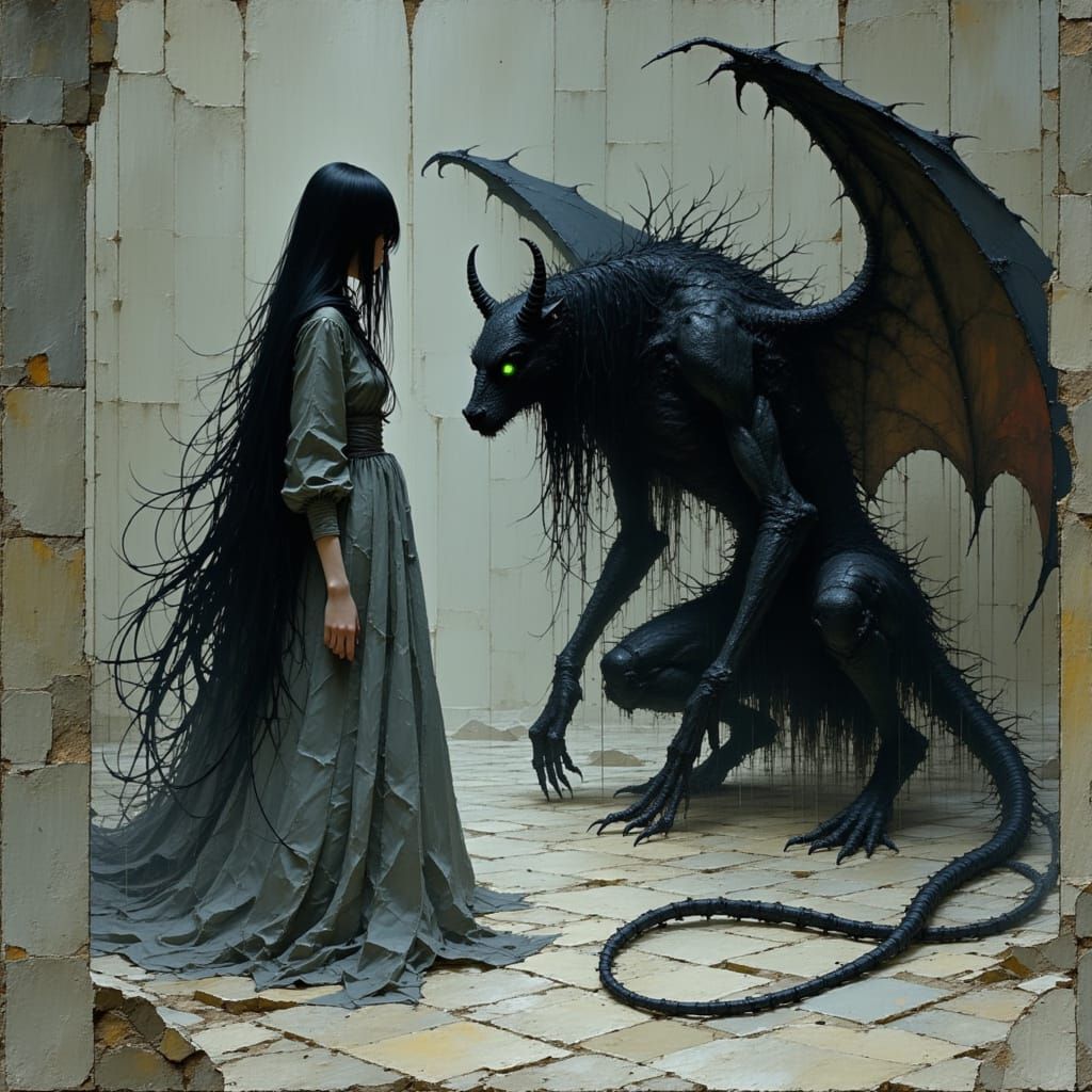 Woman Confronts Crouching Black Demon with Glowing Eyes