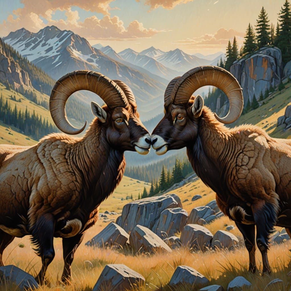 Impressionist Oil Painting of Two Bighorn Rams in a Rocky Me...