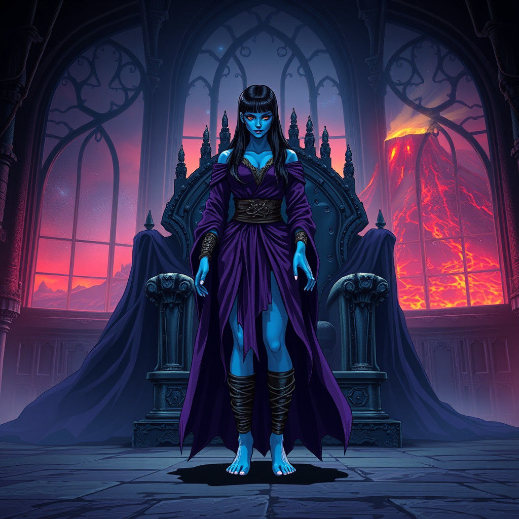 Dark Lady on Throne with Volcano Backdrop