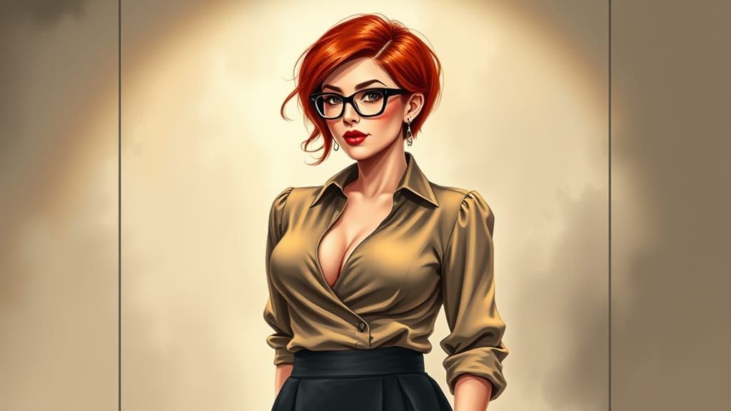 A curvy, auburn-haired woman with a pixie cut, donning trendy, cat-eye glasses that add to her intelligent and sophistic...