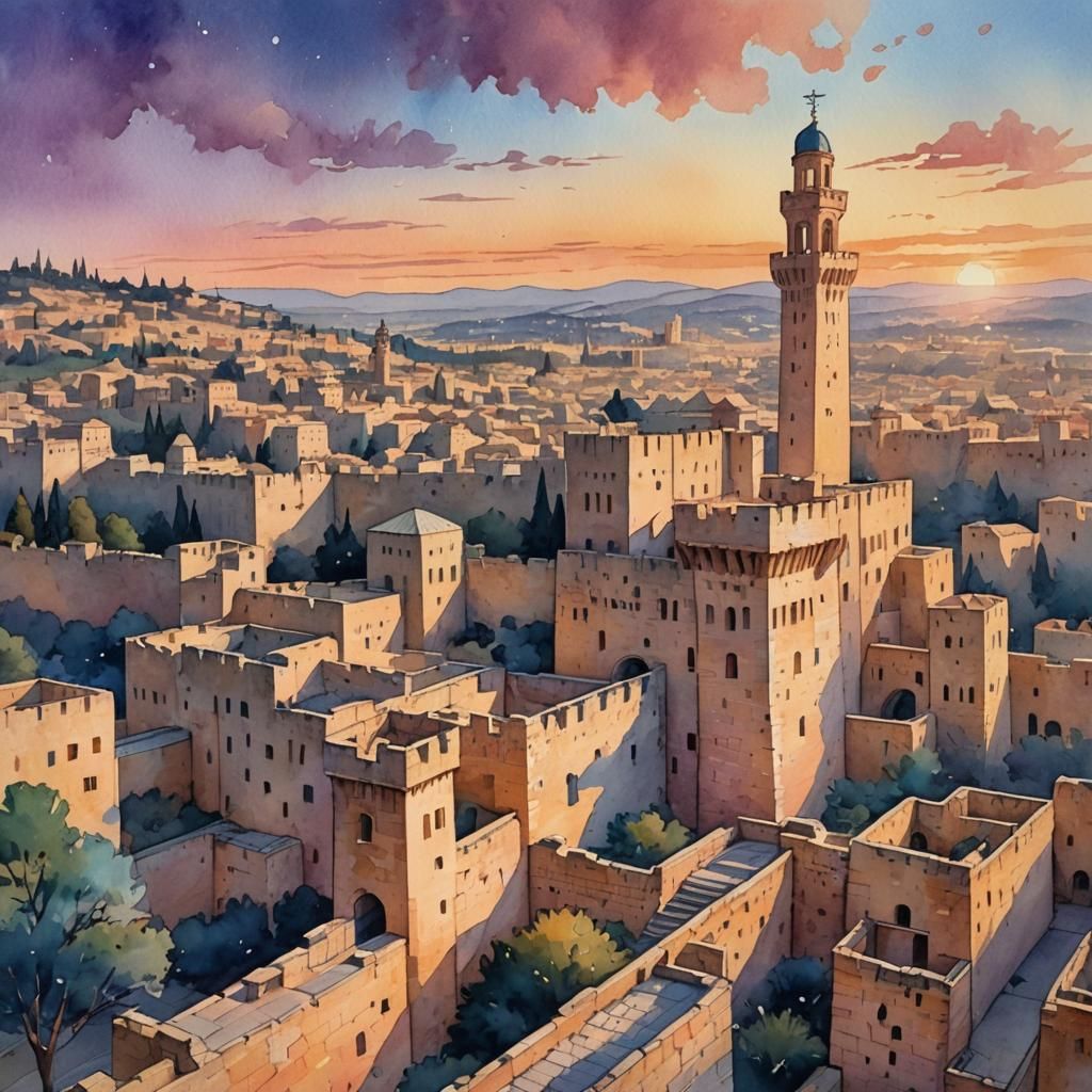 Tower of David Watercolor Painting at Sunset
