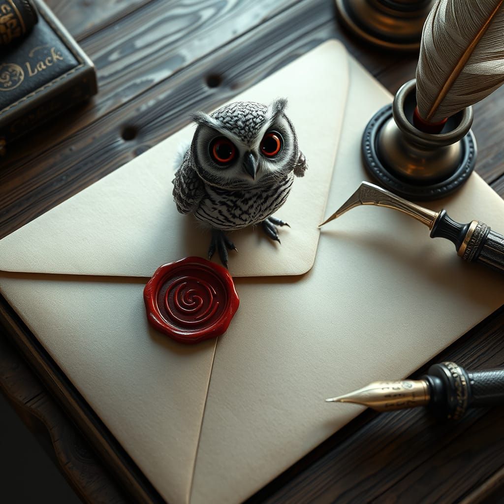 Miniature Owl Perches on Ancient Desk in Epic 3D Scene