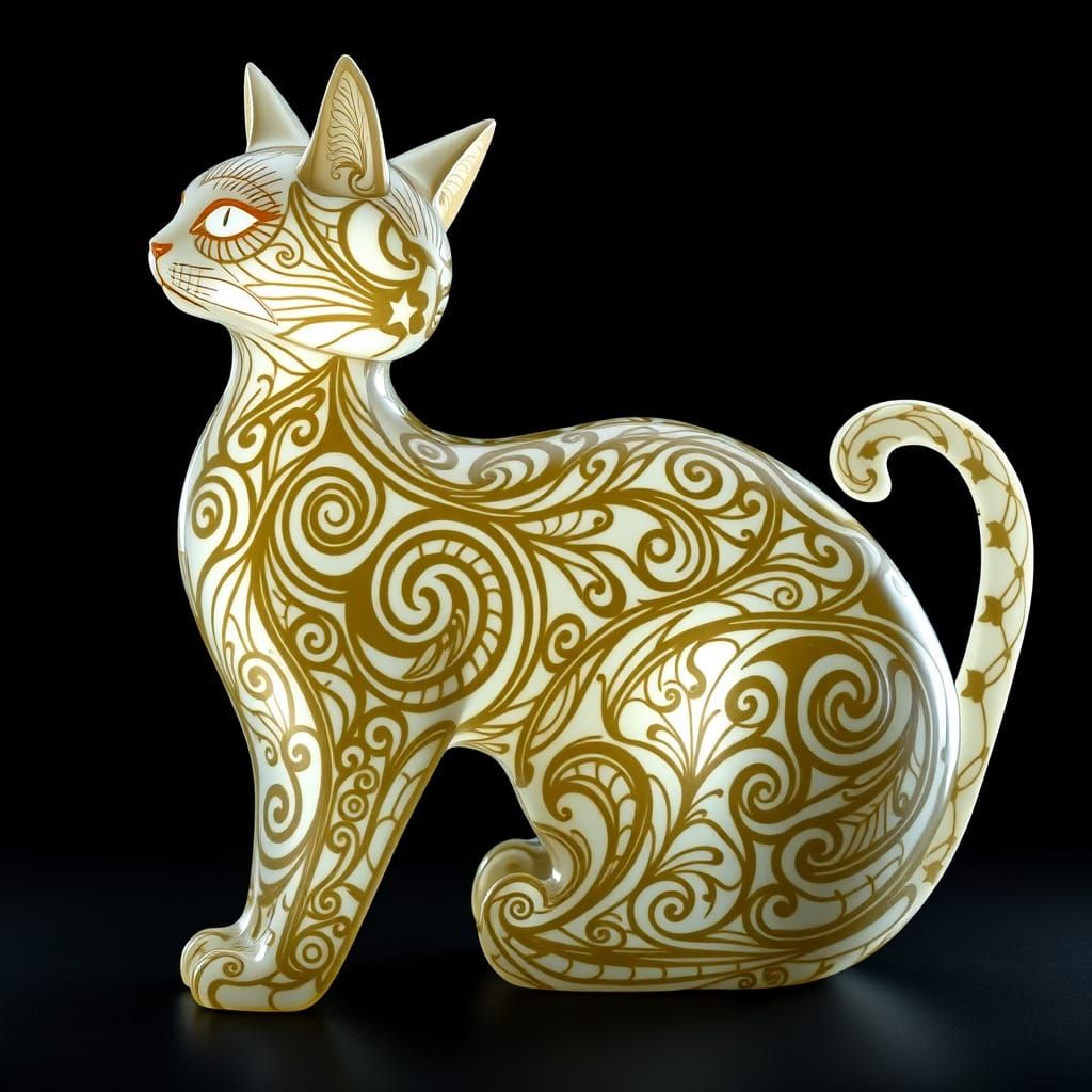 Elegant Futuristic Cat Statue with Geometric Patterns