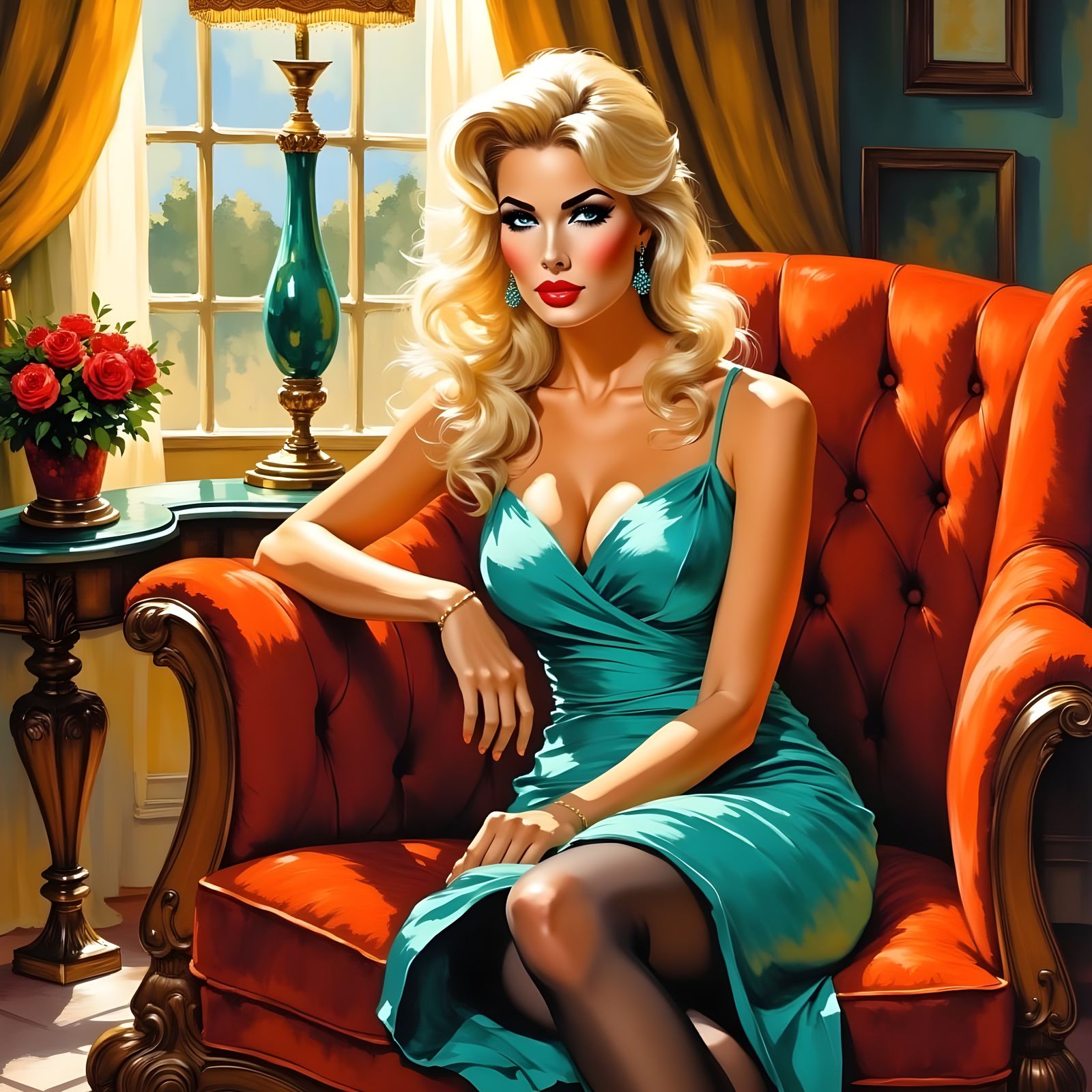 Ravishing 1960s Pin-Up Beauty in Luxury Lounge