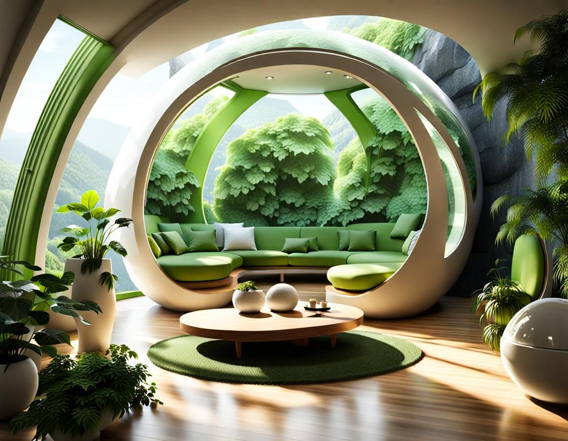Futuristic Sphere Room with Rock Hues and Plants