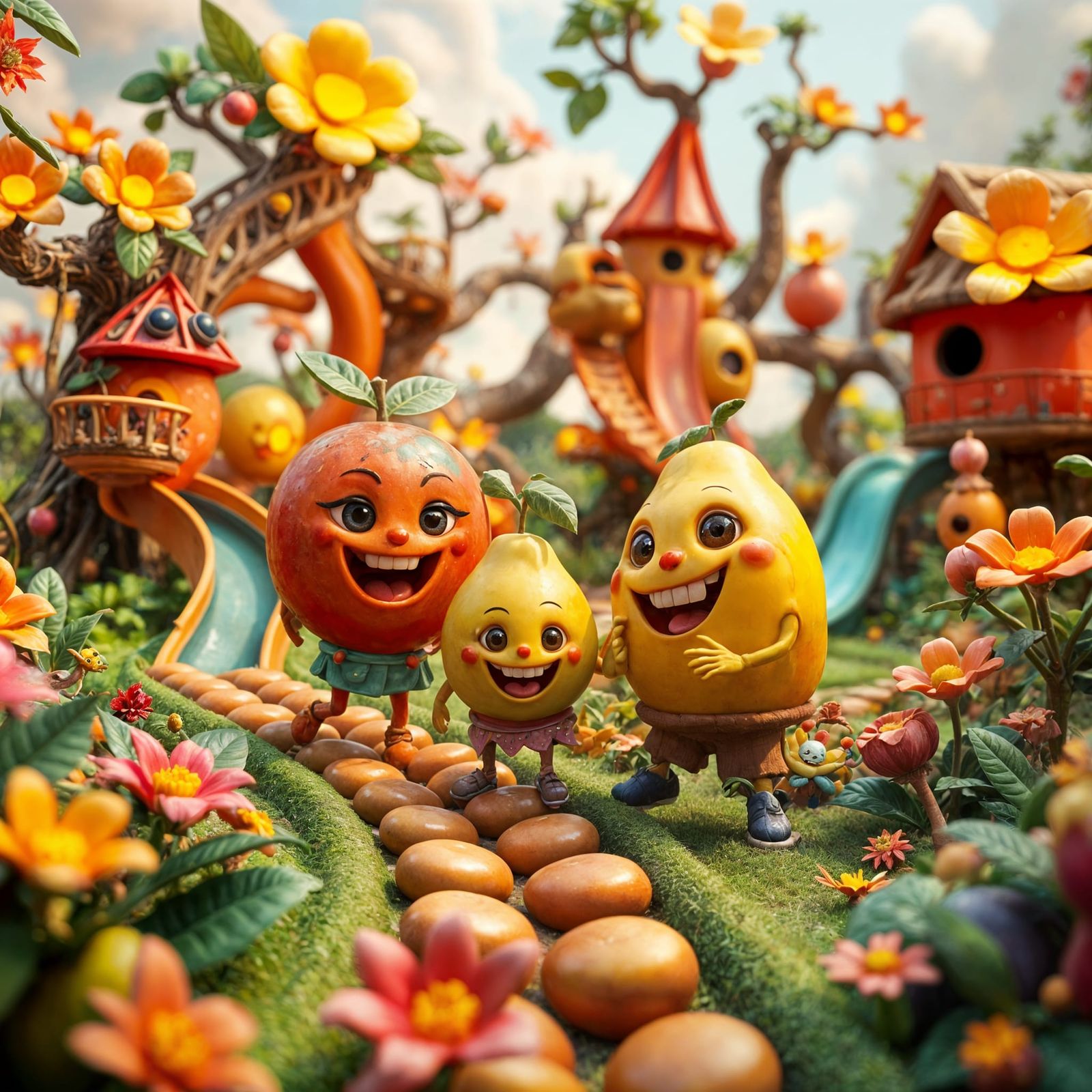 Whimsical Fruit Friends Play in a Fantastical Playground