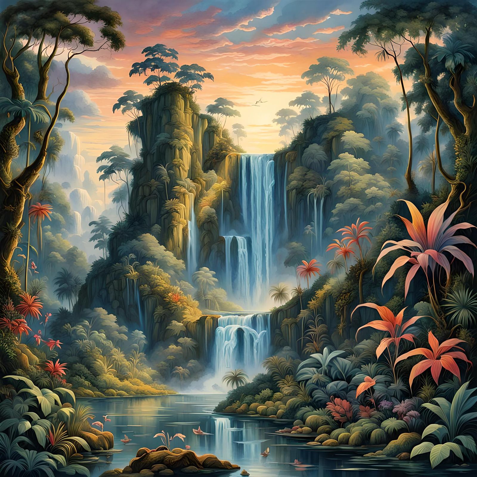Colorful Jungle Waterfall in Watercolor Style