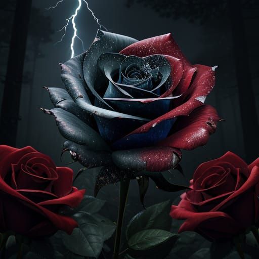 Lightning Illuminates a Dark Red Rose