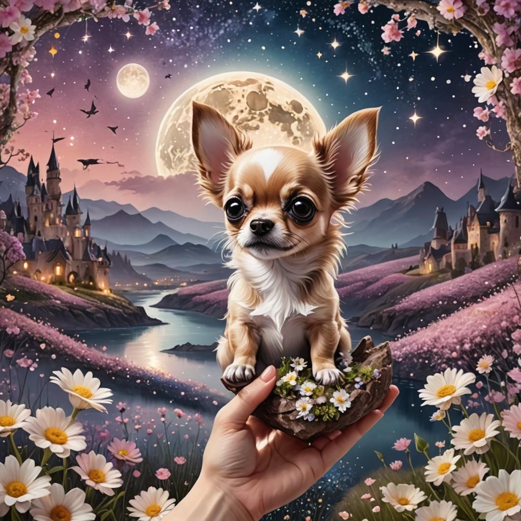Chihuahua in Fantasy Landscape with Moon and Glitter