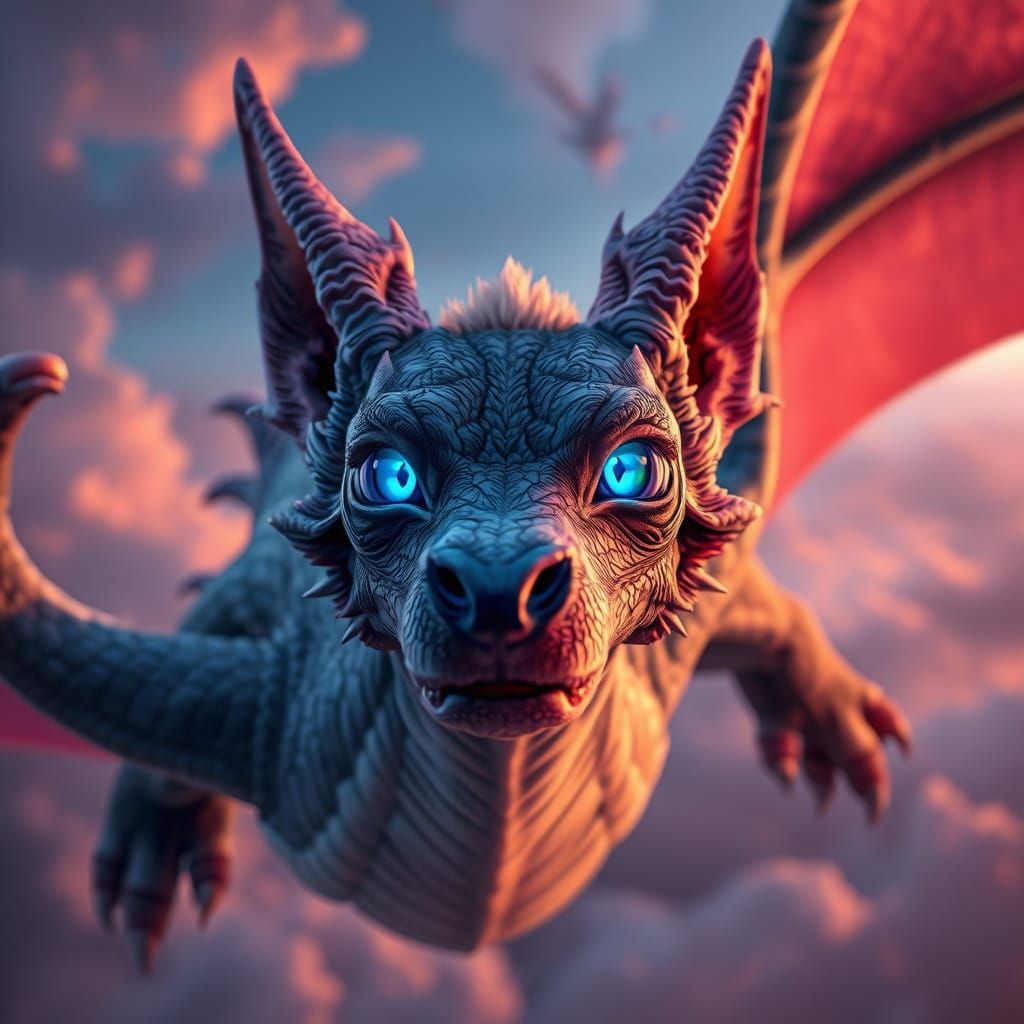 Majestic Falcore Dog Dragon in Close-Up Flight