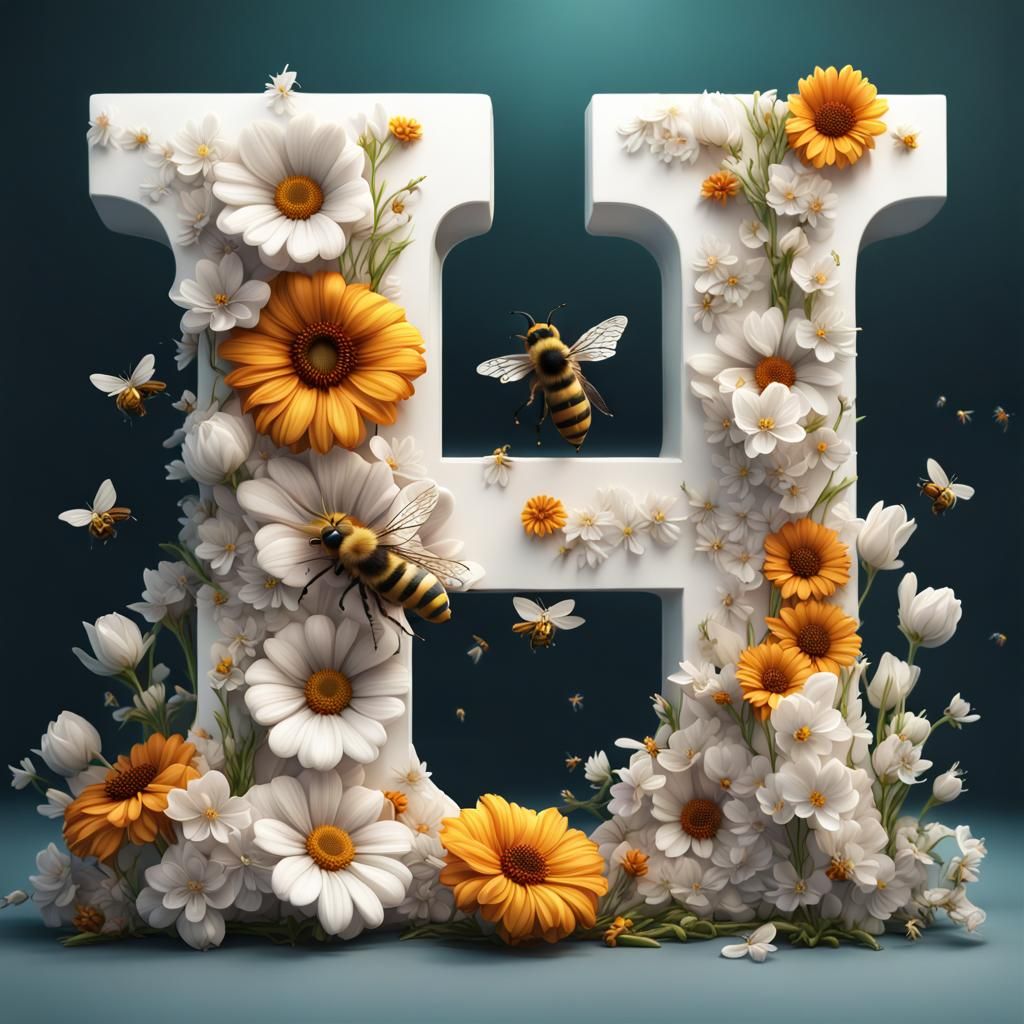 Wooden Letter H with Flowers, Detailed Matte Painting
