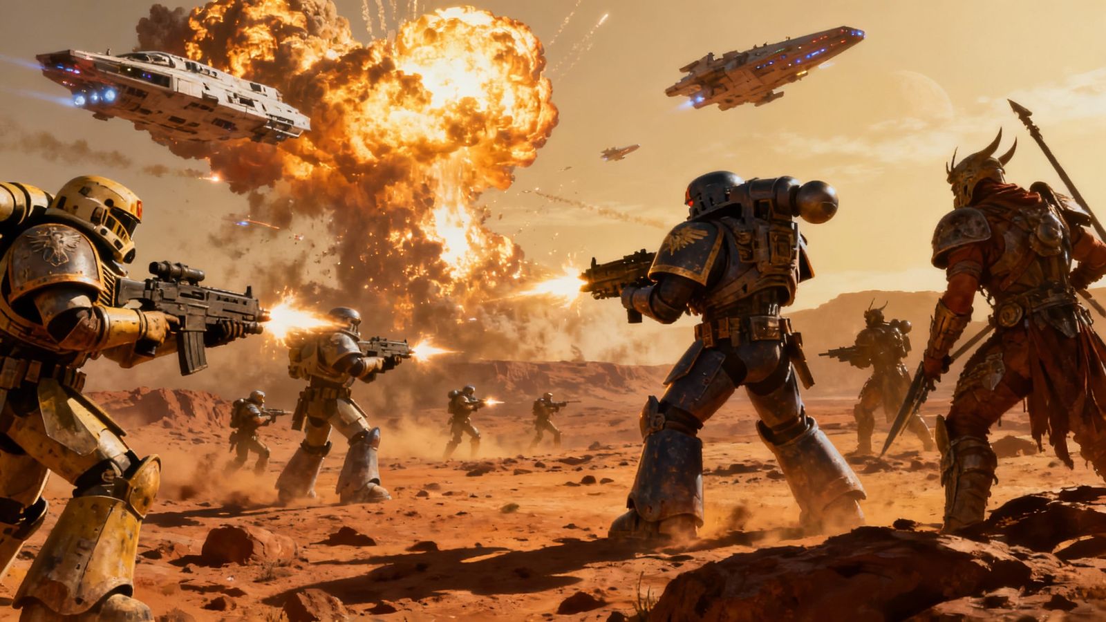 Space Marines Battle Martian Warriors in Golden Hour
